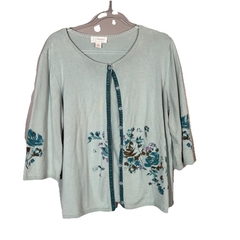 CJ Banks Sweater Womens Size 2X Mint Green Cardigan 3/4 Sleeve Floral Classic